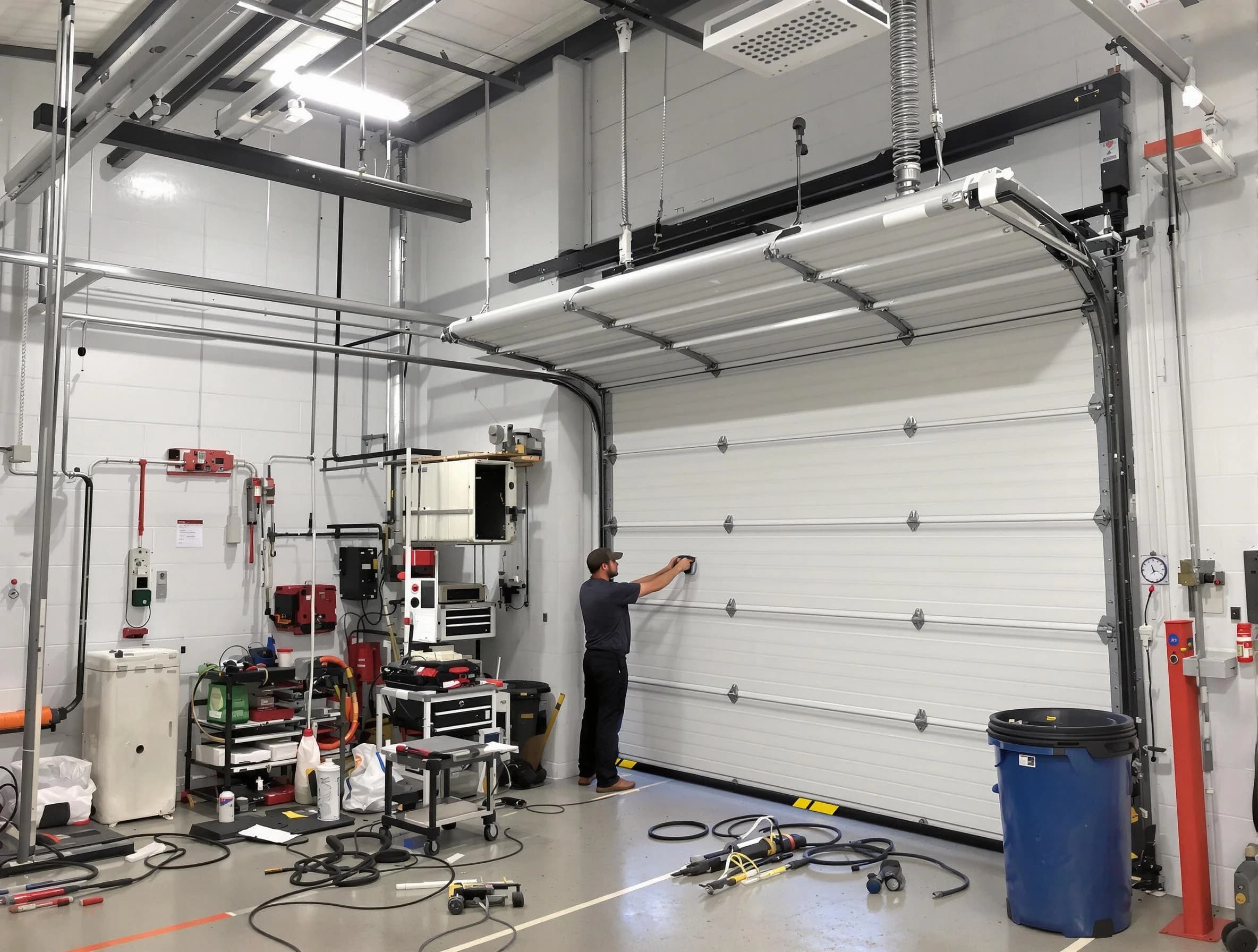 Providence Garage Door Repair certified technician performing commercial door repair at a Providence business facility