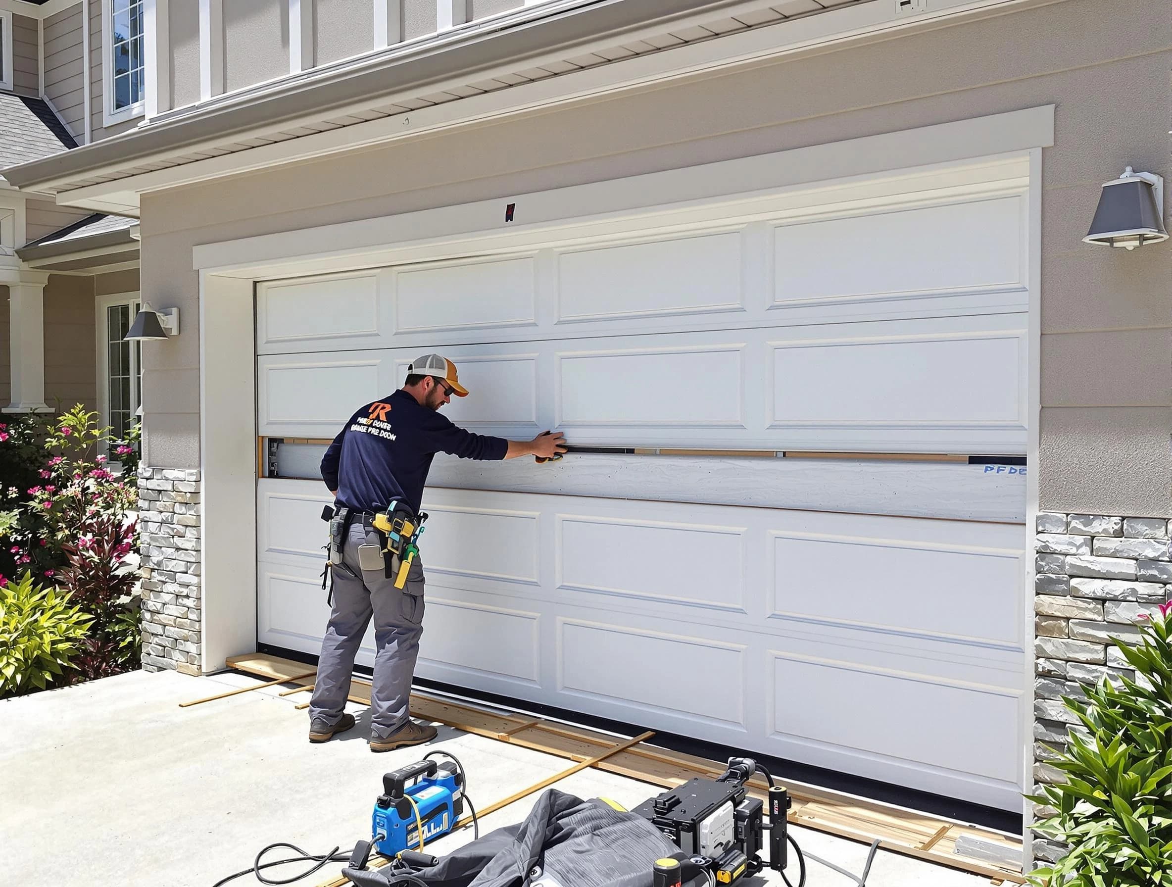 Providence Garage Door Repair team performing complete garage door replacement at Providence residence