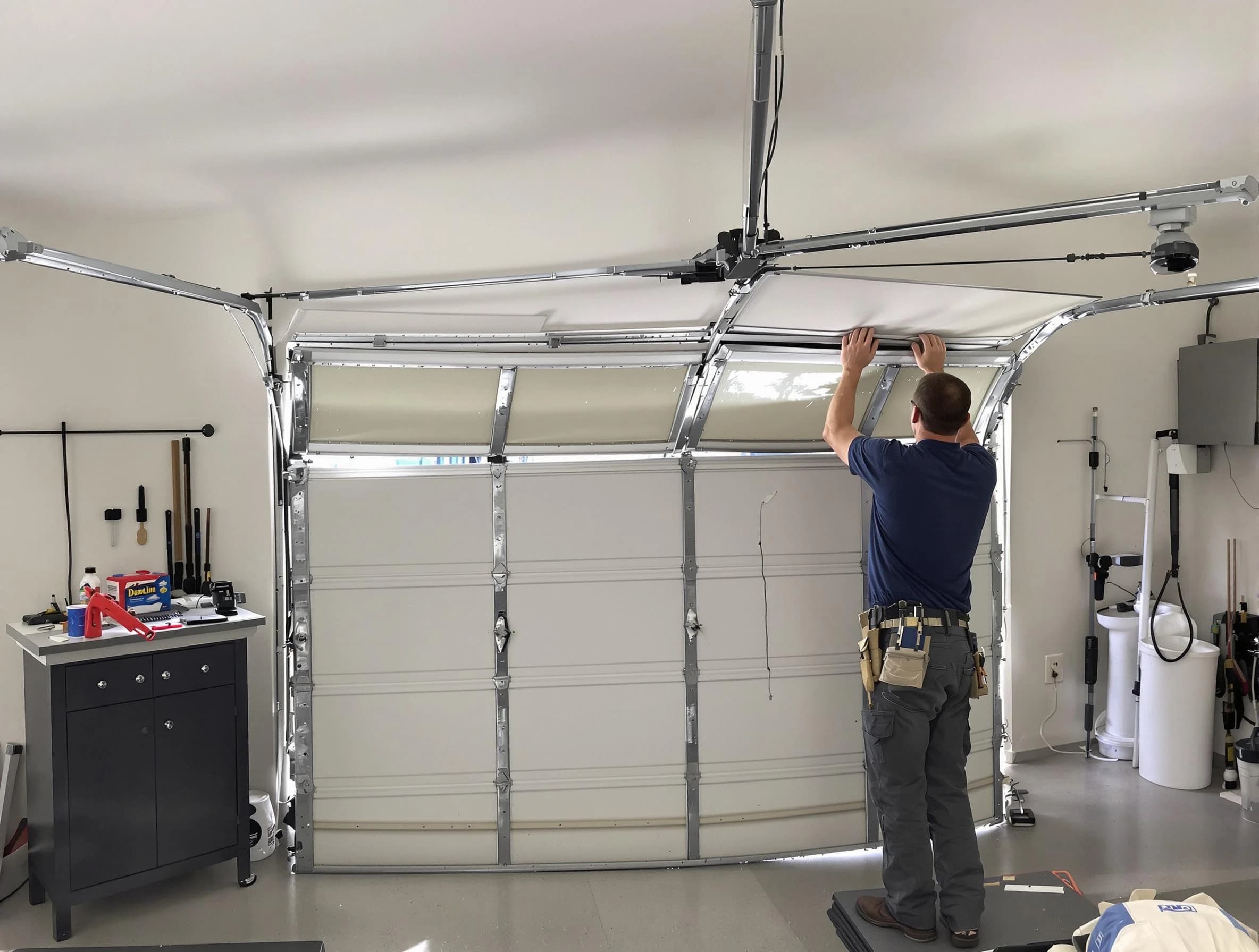 Providence Garage Door Repair specialist performing precise section replacement on Providence garage door