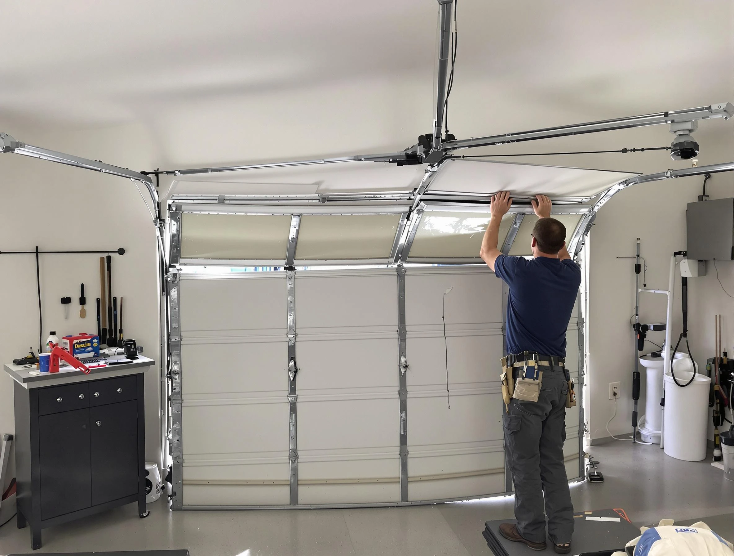 Providence Garage Door Repair specialist performing precise section replacement on Providence garage door