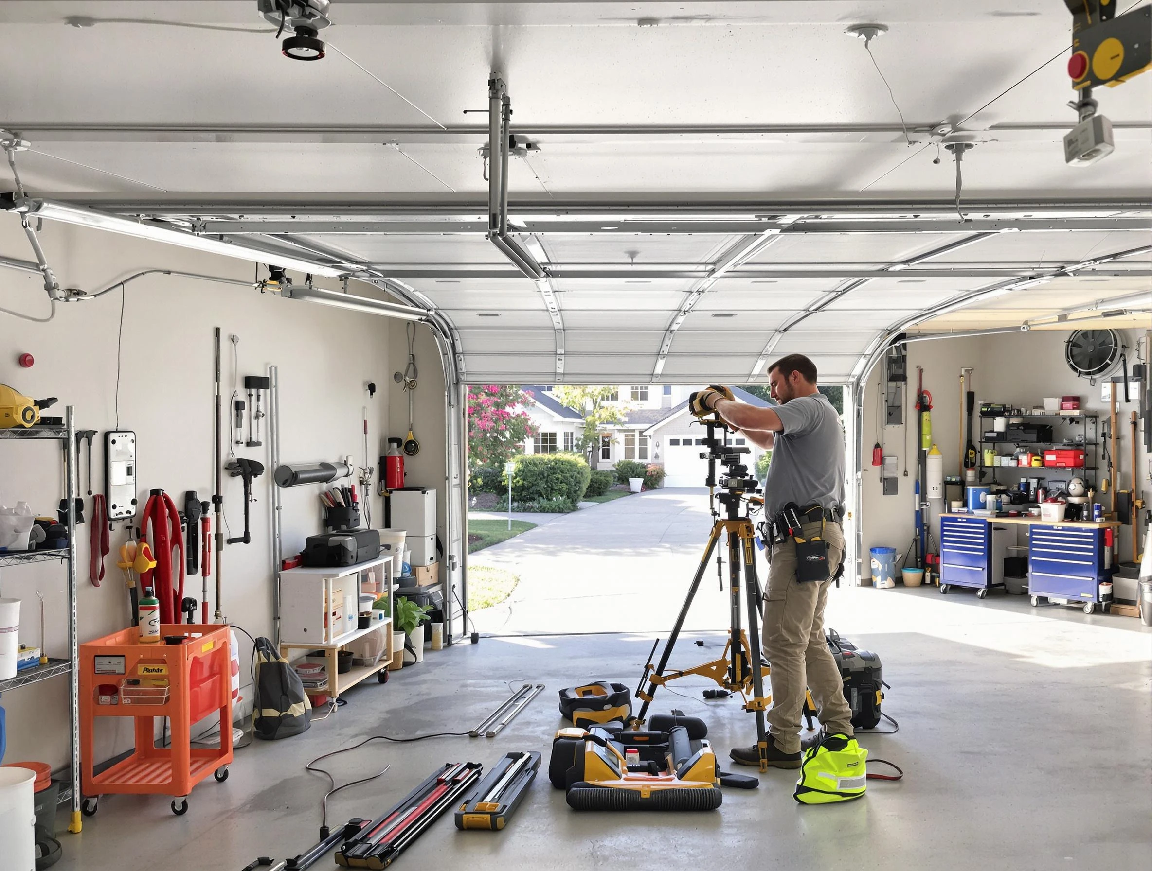 Providence Garage Door Repair specialist performing laser-guided track alignment in Providence